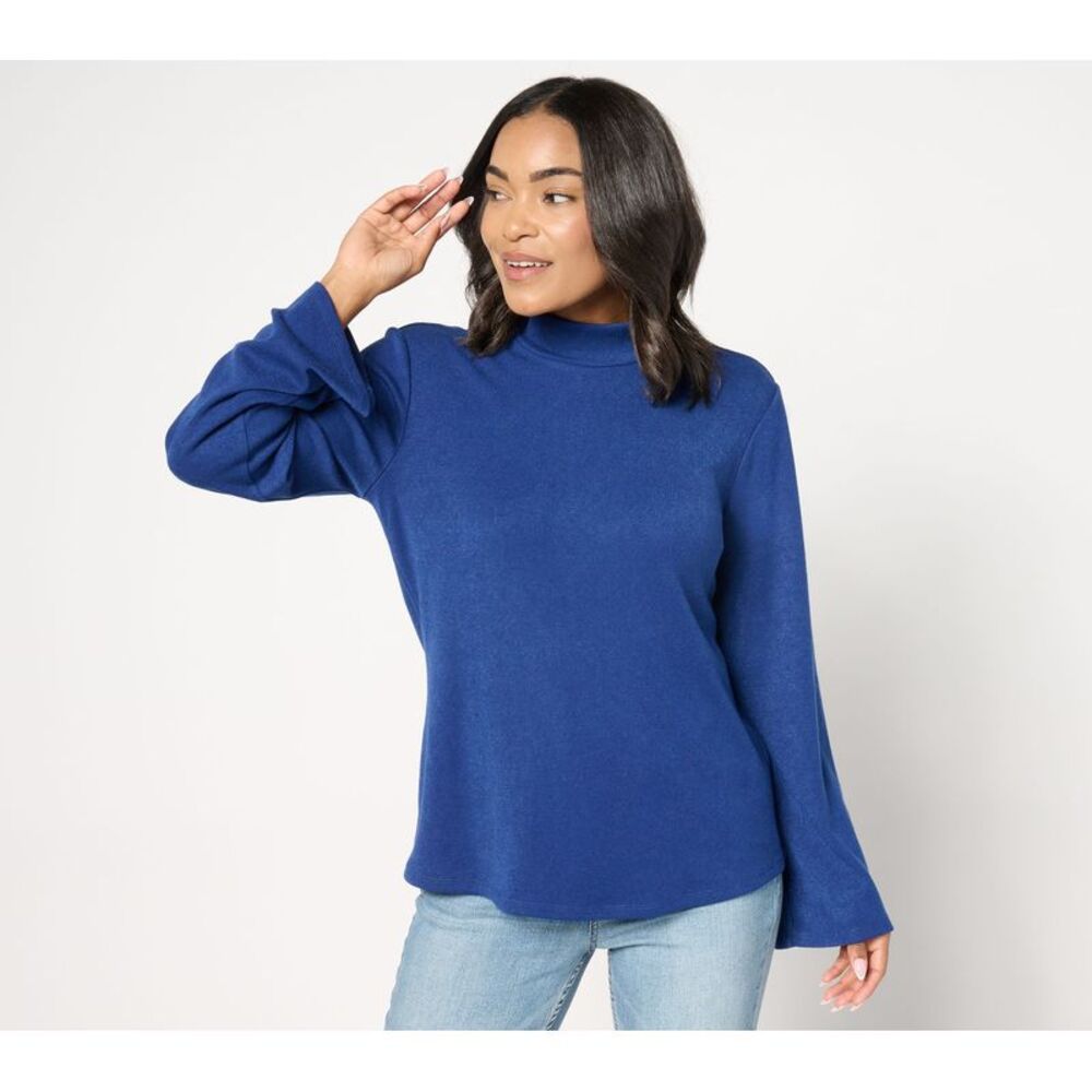 SUNNYLiFE Women's Top Plus Sz Sweater 2X Luxe Mock Neck Bell Sleeves Blue